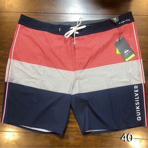 QUICKSILVER Swim Trunks Board Shorts Navy Grey Red Color Block Pattern Sz 40 NWT